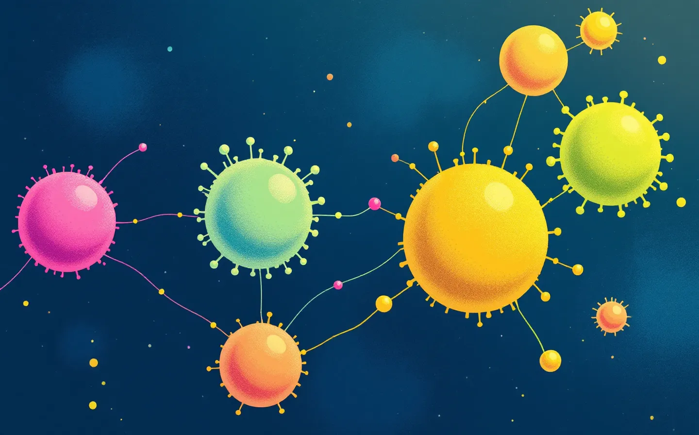 Friendly four-node network in pink, blue, lime and yellow representing the four peptides of the KLOW research blend